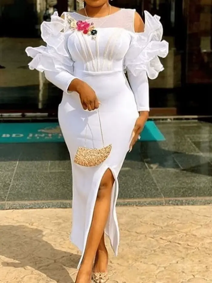 Femmes blanc robe de noël tenue de soirée Sexy longue fente latérale