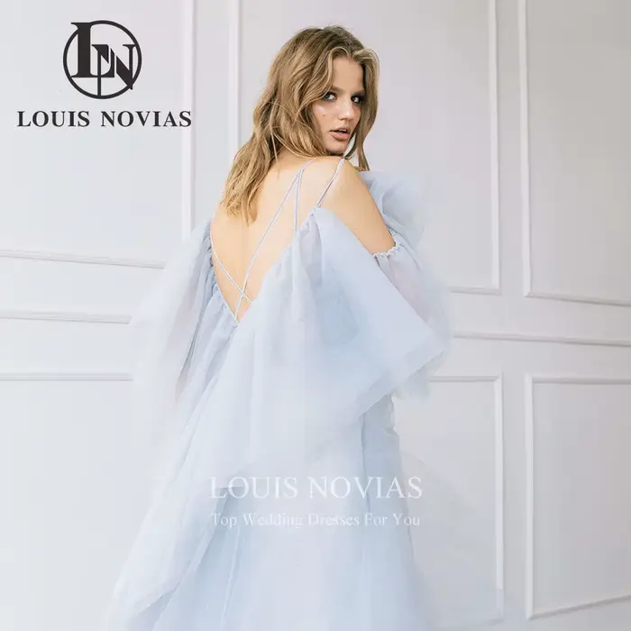Robe de mariée A-Line en tulle bleu dos nu bretelles spaghetti col en V pour femmes occasions spéciales mariage soirée gala