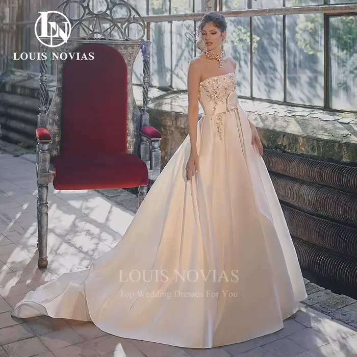 Modiis-Robe de mariée A-Line dos nu sans bretelles, robes de patients en satin, manches bouffantes a