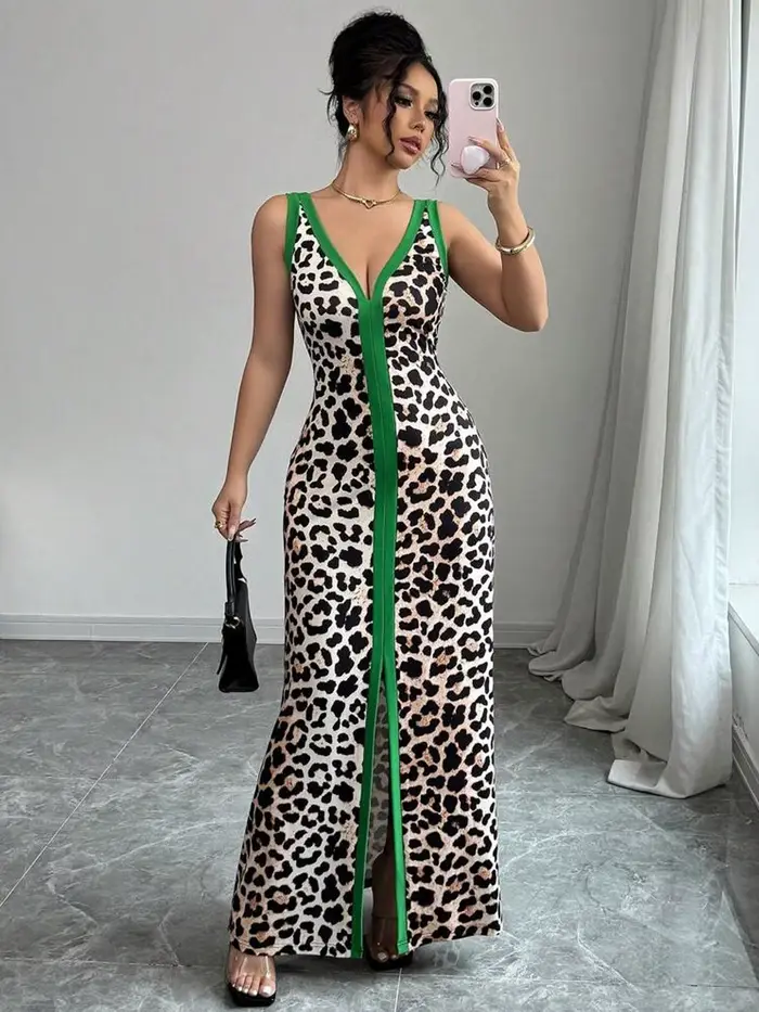 Robe élégante à manches longues polyvalente avec ourlet à volants et motif léopard pour femmes style décontracté printemps automne occasions spéciales