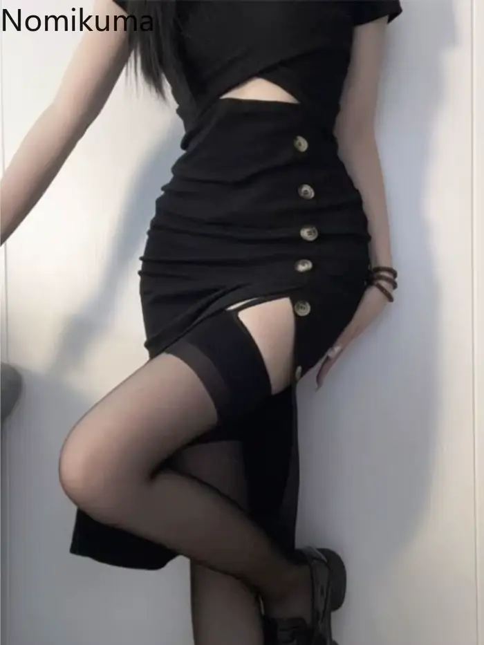 Robe noire sexy pour femmes, manches courtes, ajourée, mode coréenne, tunique fendue, robe d'été, style club, occasions spéciales