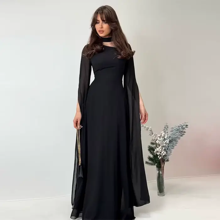 Robe longue femmes robes de soirée col rond pétales manches une ligne à lacets Sexy longueur de plancher taille serrée