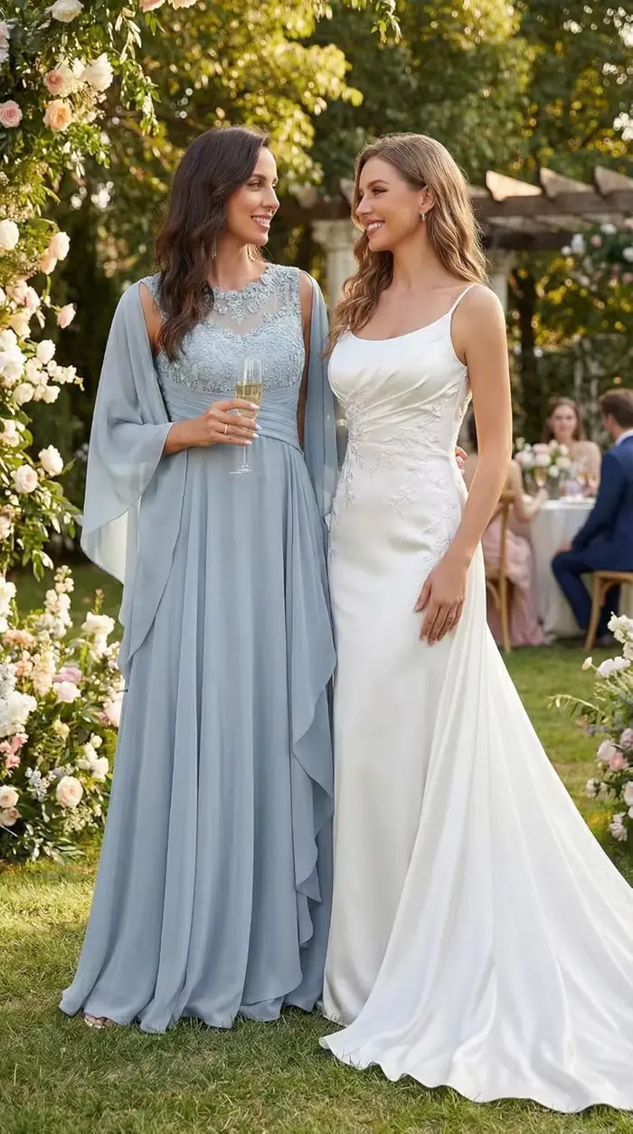 Robe en mousseline de soie longue avec châle et appliques en dentelle pour la mère de la mariée occasions spéciales élégance et sophistication