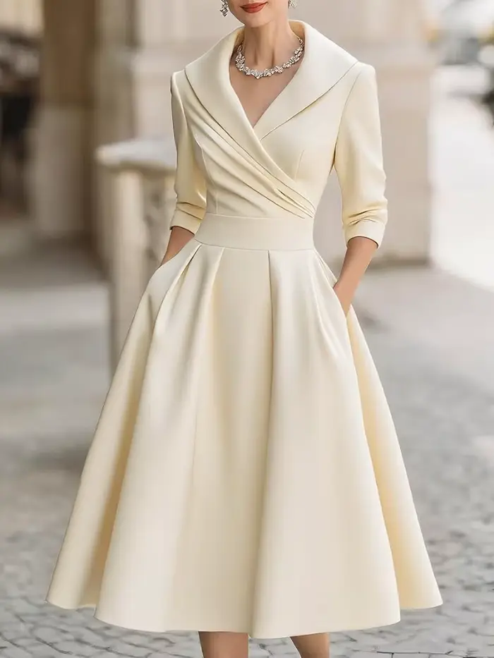 Robe midi élégante pour femme avec col à volants et poches tenue de soirée chic automne polyester couleur beige bleu marine bourgogne fuchsia noir taille S M L' XL XXL