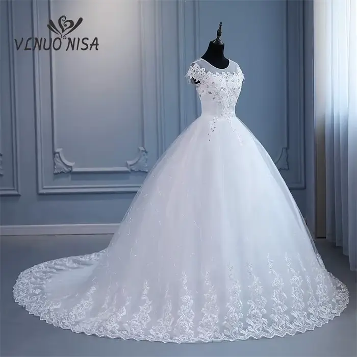 VLNUO NCrawPluse-Robe de mariée à col rond avec manches