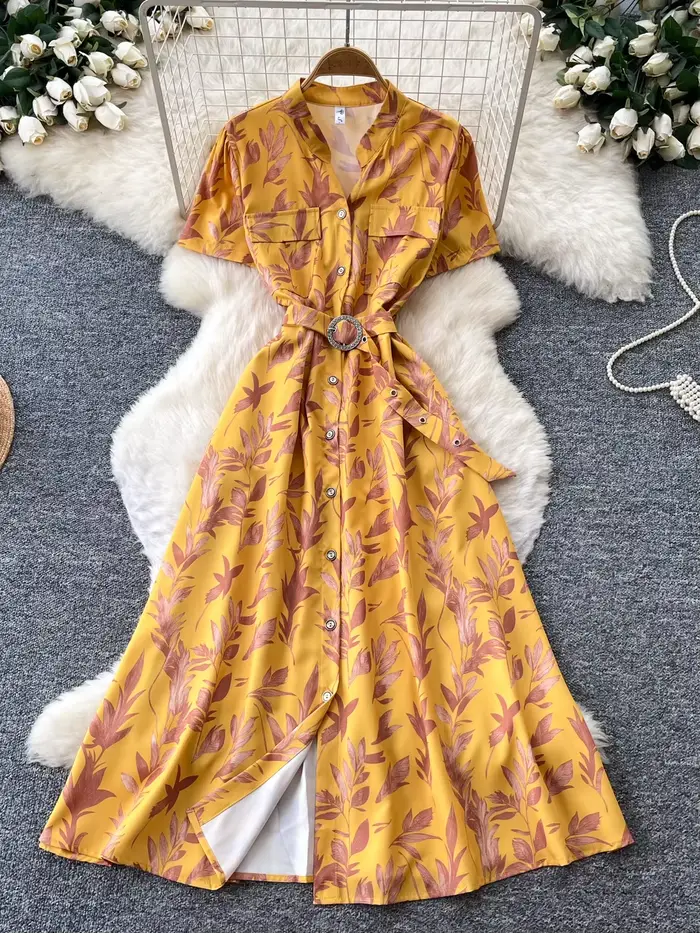Robe longue à imprimé floral de style vintage pour femmes, col en V, manches courtes, décontractée, chic, pour les sorties en ville, pour les vacances en France