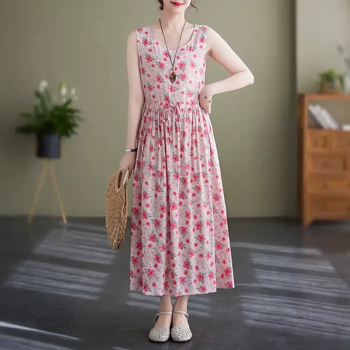 Robes De Mujer robe d'été pour femmes imprimé fleuri coton lin rétro nouveau pull sans manches a-ligne longue