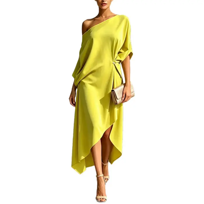 Robe midi asymétrique à une épaule avec nœud à la taille