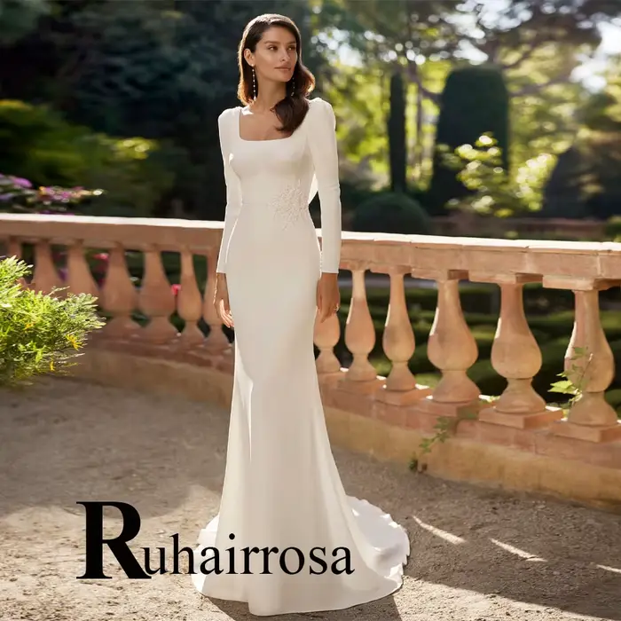 Ruhair Chic Robe De mariée pour femmes col carré sirène bouton Satin Appliques manches bouffantes Ro
