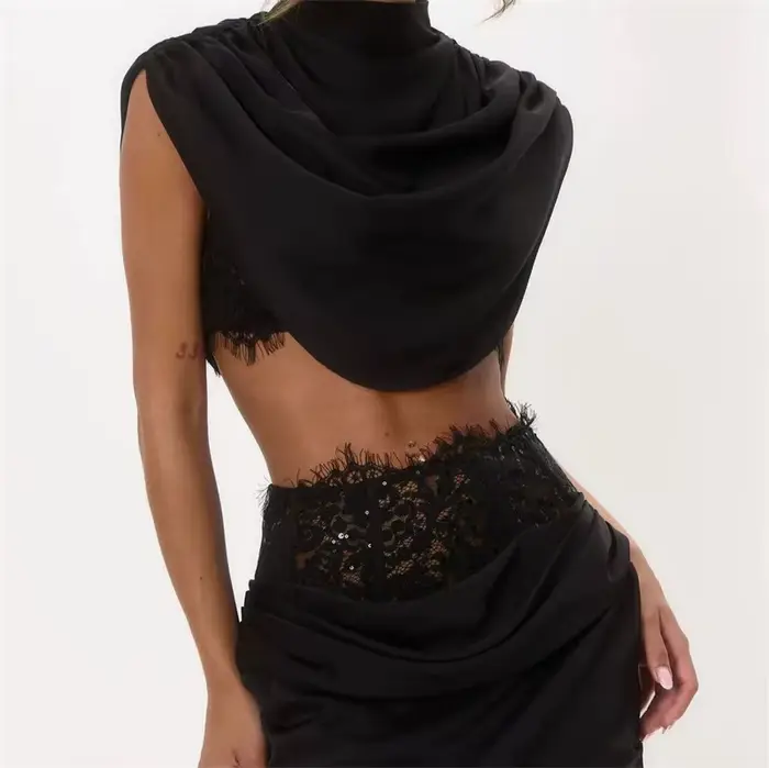 Robe de bal en satin kaki avec dentelle, 2 pièces, haut et mini-jupe, pour soirée, décontractée, formelle, invitée de mariage, anniversaire, soirée