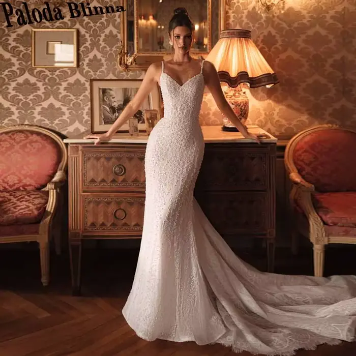 Paloda charmante robes de mariée pour Mariages bretelles Spaghetti perles sirène col en v Court Trai