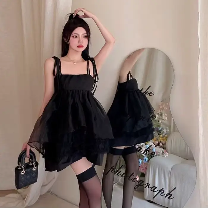Robe Mini Femme Noire Harajuku Taille Haute Ample à Bretelles 2026 – Robe Bandage Tendance Été Y2K