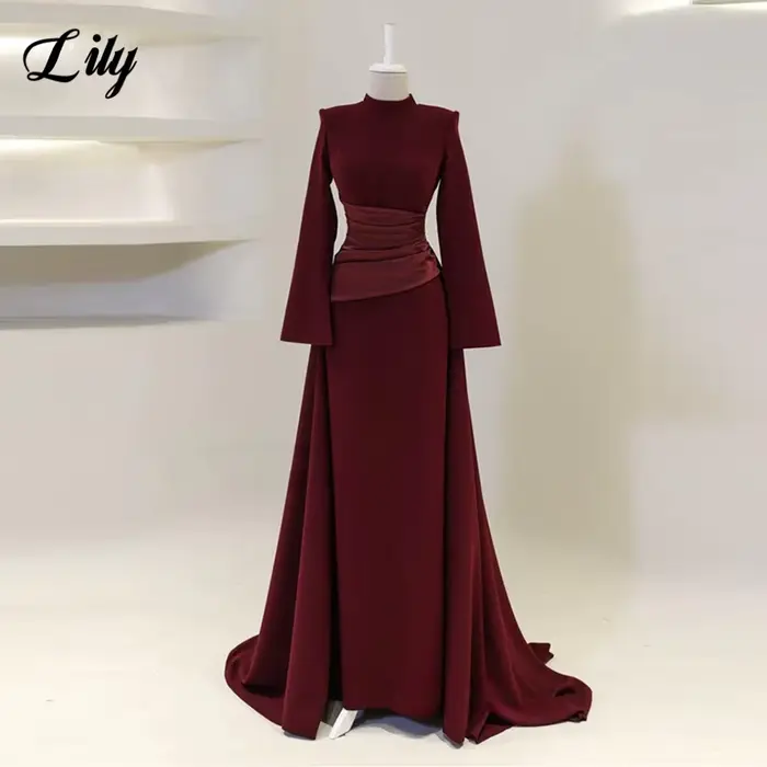 Lily bordeaux robes de bal élégantes col haut manches longues robes de soirée sirène Satin robes for