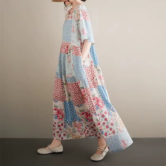 Robe longue bohème en coton et lin pour femmes grandes tailles