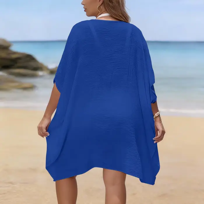 Robe ample de plage en polyester et rayonne avec patchwork crocheté à la main pour femmes, idéale pour les vacances d'été et les journées décontractées
