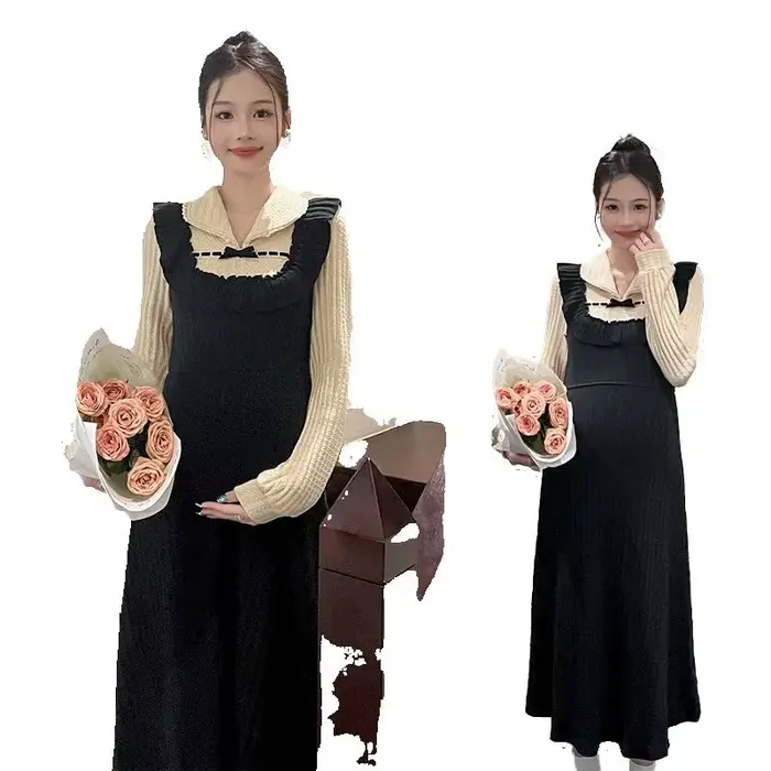 Robe longue patchwork pour femmes enceintes maternité style préppy pulls tricotés acrylique confort occasionnels élégantes