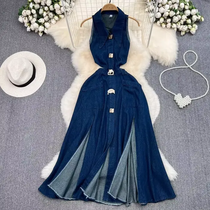Robe en jean évidée à col rabattu pour femmes