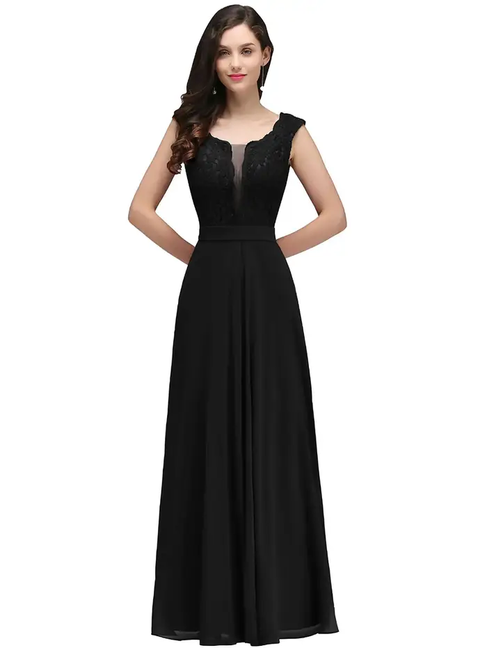 Robe longue élégante en polyester avec dentelle florale et appliques pour soirées officielles et occasions spéciales