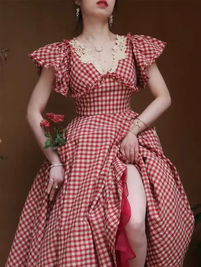 Robe à carreaux rouges style victorien élégante pour femmes été vacation date birthday party night