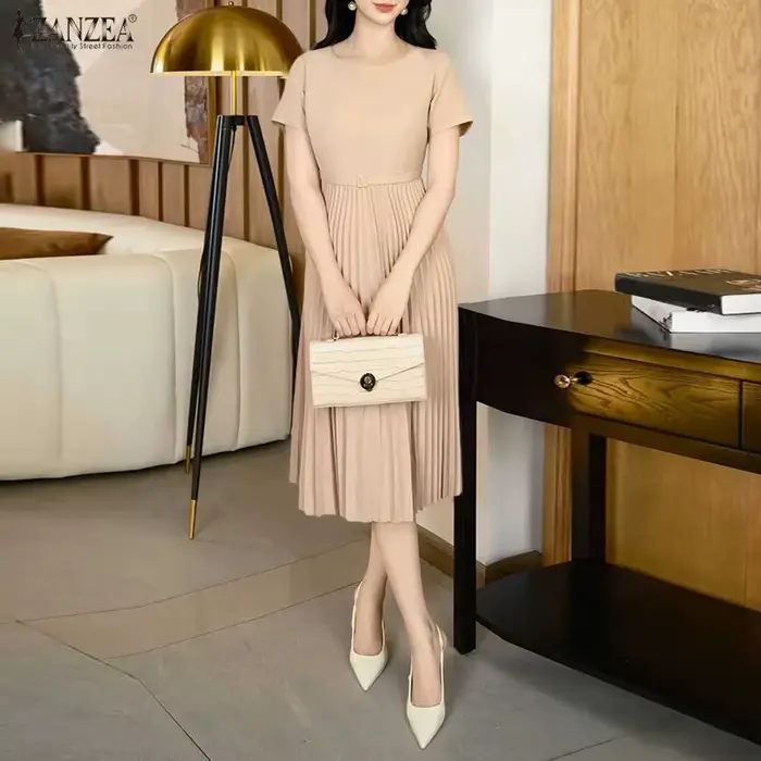ZANZEA Robe midi plissée élégante et chic pour femme