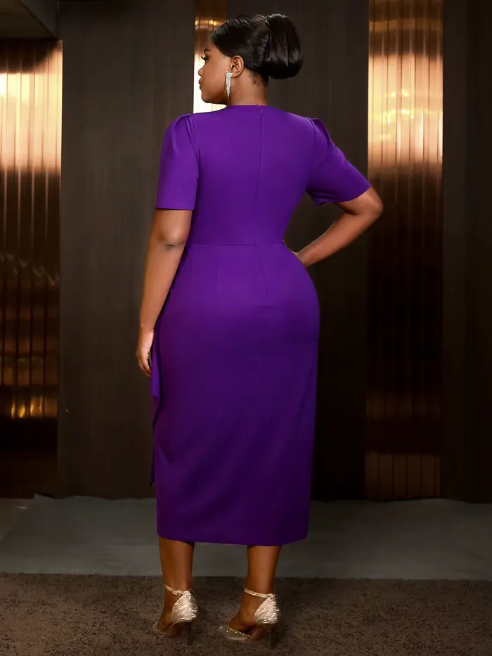 Robe mi-longue vintage violette élégante à manches courtes col en V superposé à volants pour femme occasions formelles dîner soirée chic