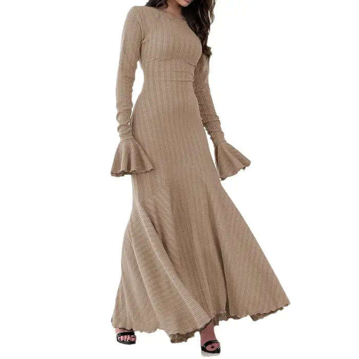 Robe longue pull coupe cintrée polyester kaki pour femmes occasions spéciales automne hiver
