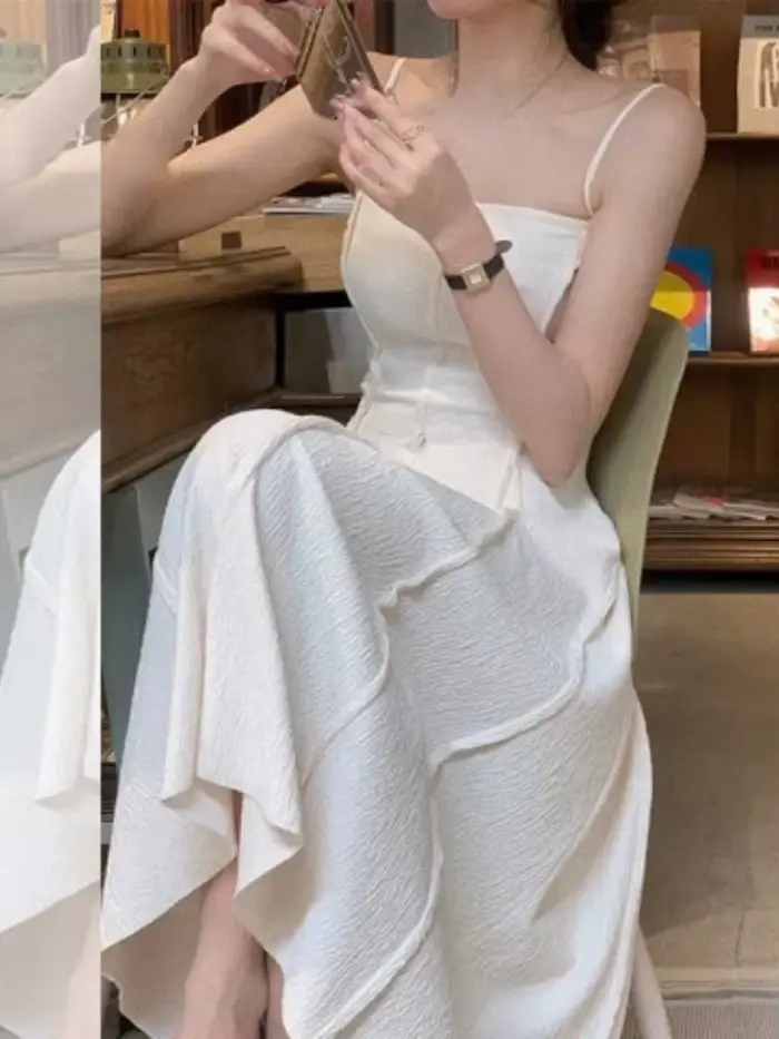 Robe maxi chic pour femme style bureau dame été fairycore sans manches mi-mollet empire coton polyester