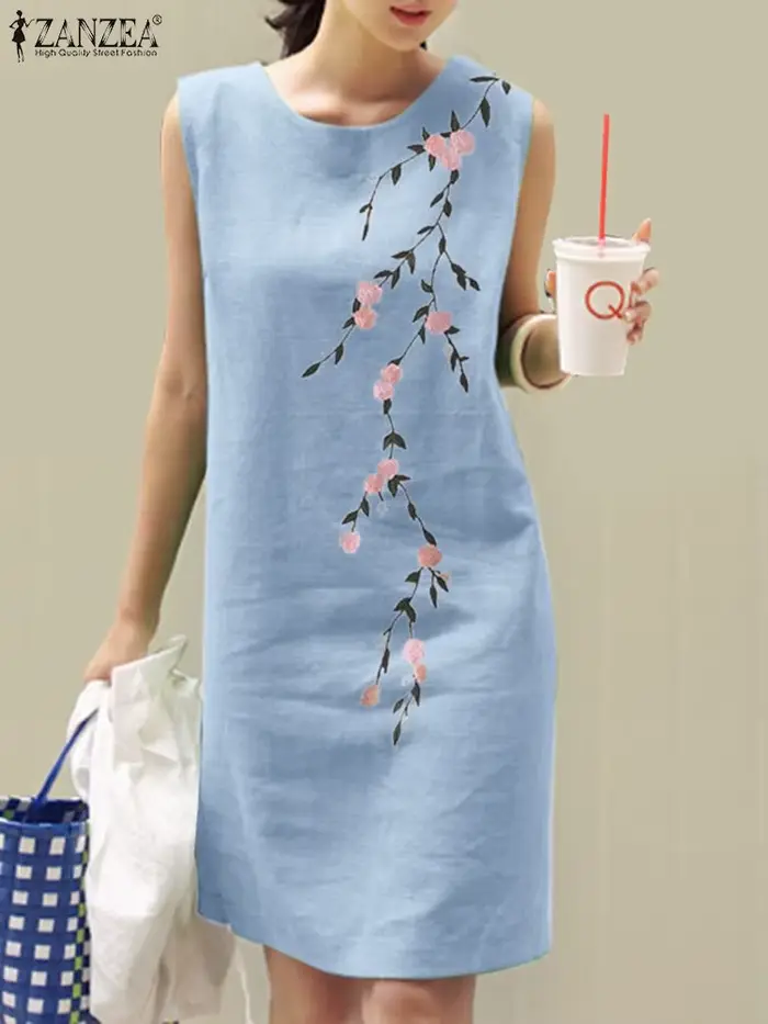 ZANZEA-Robe Brodée Florale pour Femme, Vintage, Fibre Solide, Coton, ix, Sarafans, Bohème, Plage, Ét