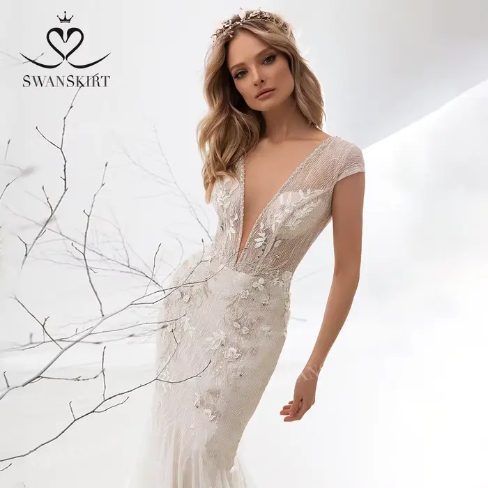 Robe De mariée sirène, col en v, sans manches, perlée, dos nu, personnalisée, SwanSarah UZ65, robe D