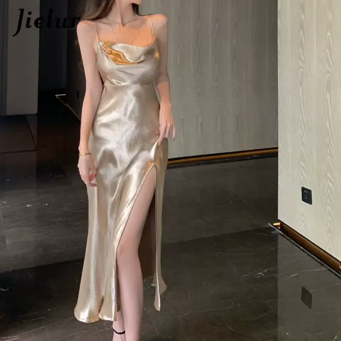 Jielur Élégant Satin Taille Haute Split Camisole Robe Femmes Champagne Sexy tambours con Robes