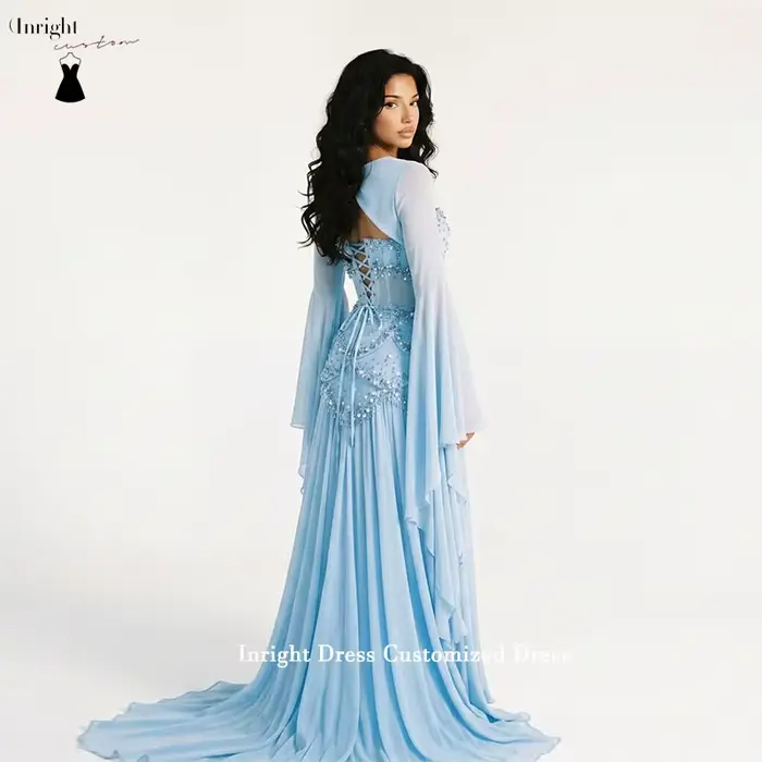Robes de bal personnalisées Inright à manches longues, sans bretelles, longueur ras du sol, plissées, avec perles, robes de soirée, robes de fête formelles