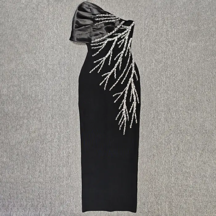 Robes noires élégantes pour femme, asymétriques à une épaule, ornées de strass brillants, moulantes,