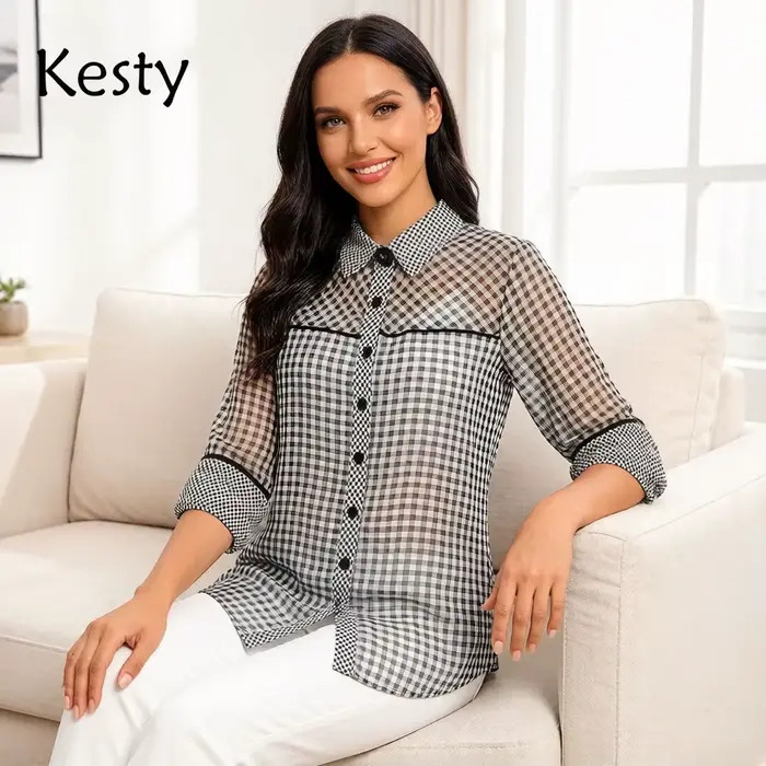 Robe chemise à carreaux vichy pour femme, noire et blanche, boutonnée, avec bordure contrastante, co