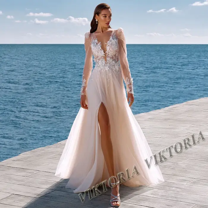 Robe de Mariée Viktoria en Polyester et Acrylique, Col en V, Appliques, Personnalisable pour Femmes Occasions Spéciales