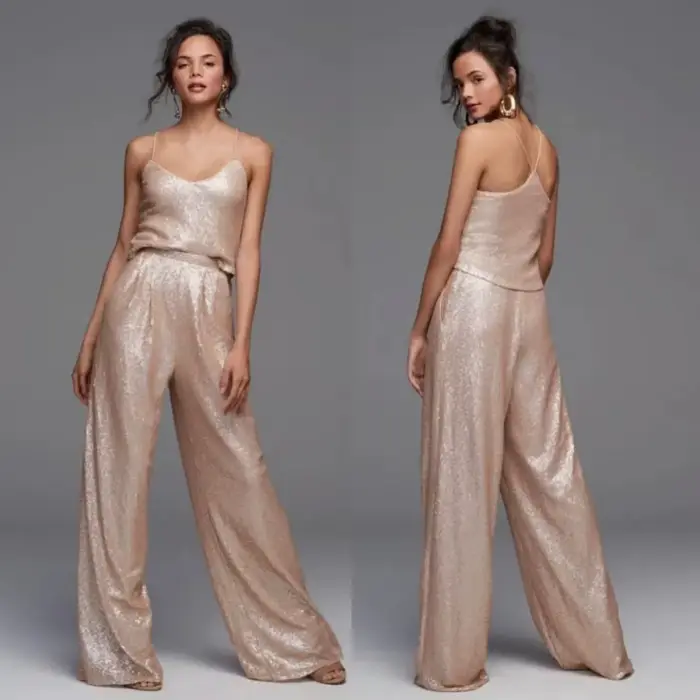 Mn-Combinaison à paillettes dorées pour demoiselle d'honneur, robe d'invité de mariage, longueur au
