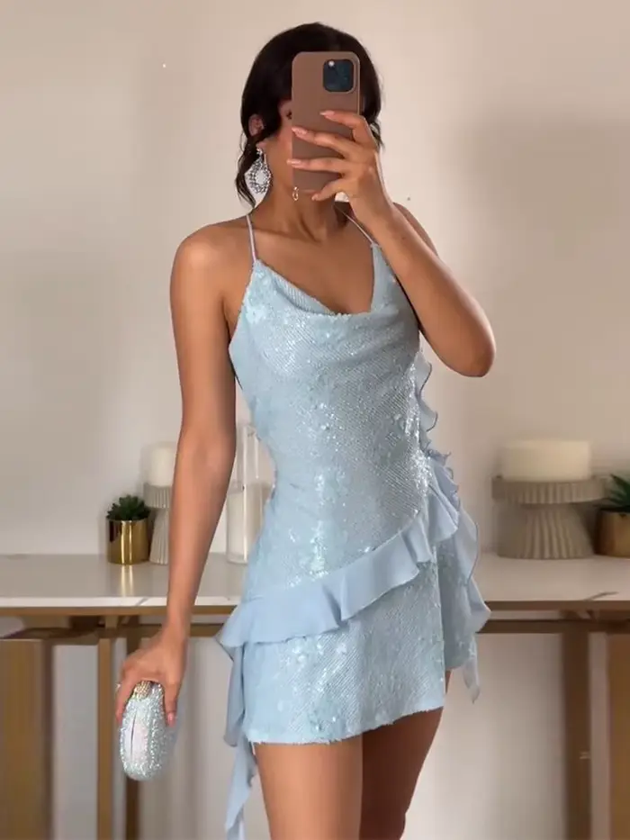Robe courte à volants et paillettes pour femmes