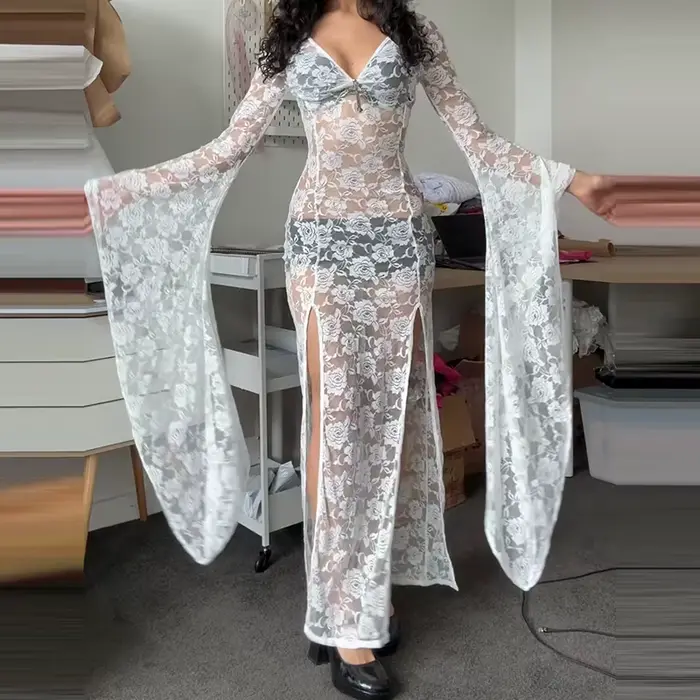 Robe moulante femme style Goth Punk avec dentelle et col en V coupe crayon en polyester et élasthanne pour été