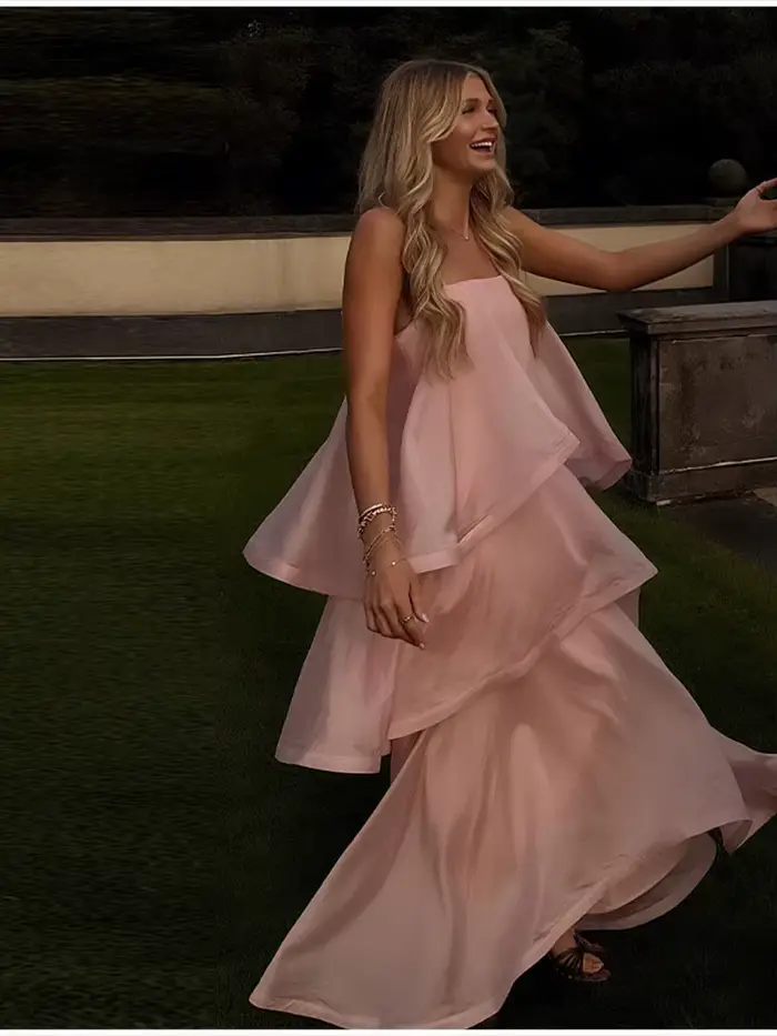 Chic rose doux couche ourlet licou robe sans manches une ligne fête Maxi Robes élégantes longues