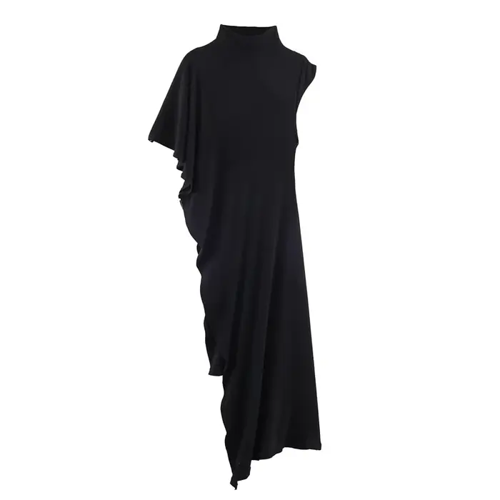 Robe Femme 2026 Nouvelle Collection Printemps-Été Noire Asymétrique à Volants