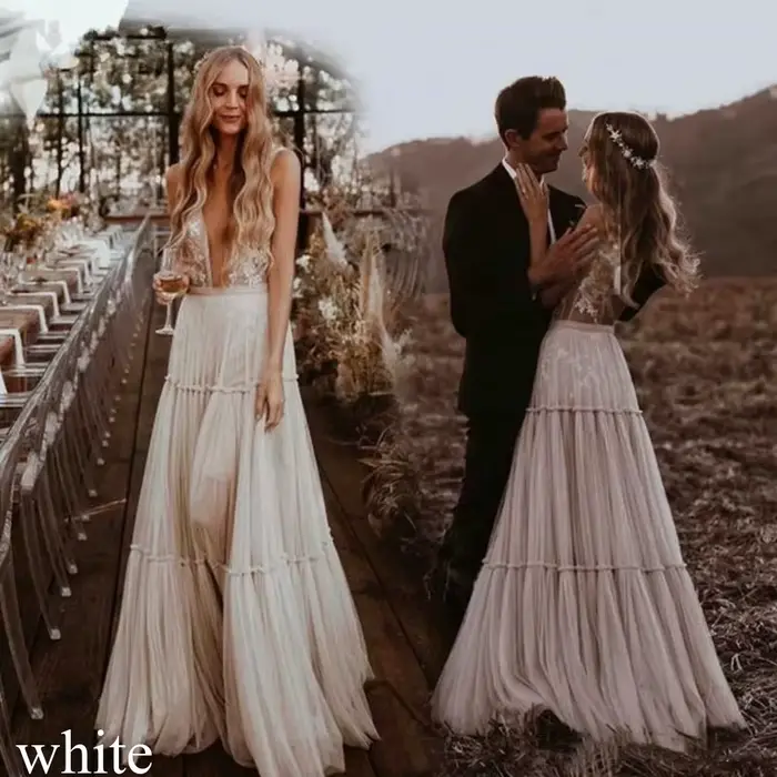 Robe de Mariée Bohème Vintage Sur Mesure Sexy Décolleté V Profond Dos Nu Style Country
