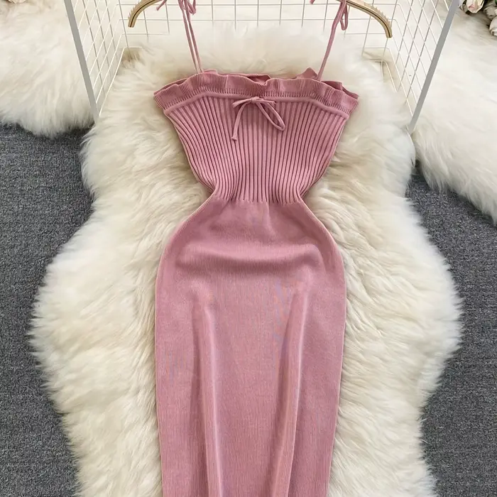 Robe côtelée à lacets, élégante, couleur unie, Slim, garniture à volants, vêtements pour femmes, mou