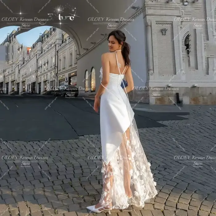 Robe de mariée OLOEY chic ivoire à bretelles spaghetti en satin drapé asymétrique avec appliques en dentelle pour cérémonie de mariage femme future maman