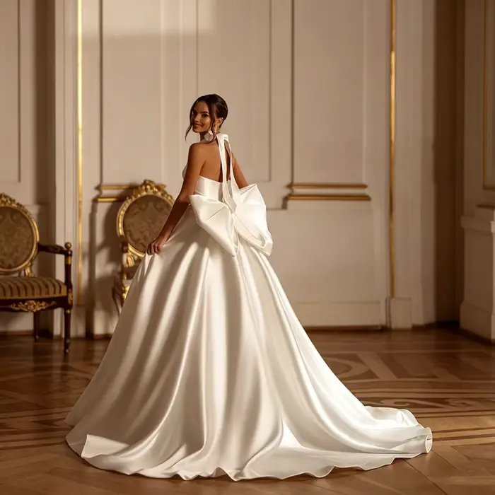 Robe de Mariée Satinée Col Licou Grand Nœud Dos Nu Train Chapelle Robe Princesse Luxe Minimaliste Taille Sur Mesure Longue Élégante Femme Cérémonie Mariage Occasion Spéciale