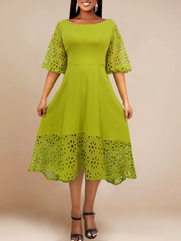 Robe élégante vert patchwork dentelle col rond manches bouffantes ligne A pour femmes bureau fête occasions spéciales 2025