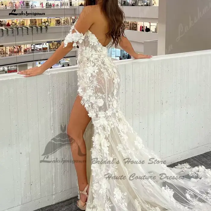Yanshmigown-Robe de mariée sirène en dentelle florale personnalisée