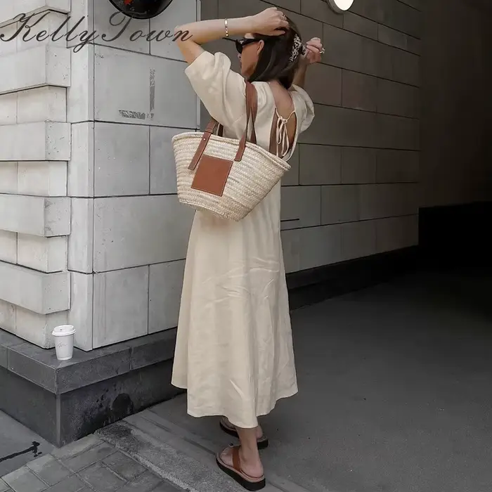 Robe en coton et lin 2026, style Y2K français, col en V, manches bouffantes, robe dos nu à lacets, robes longues décontractées d'été pour femmes