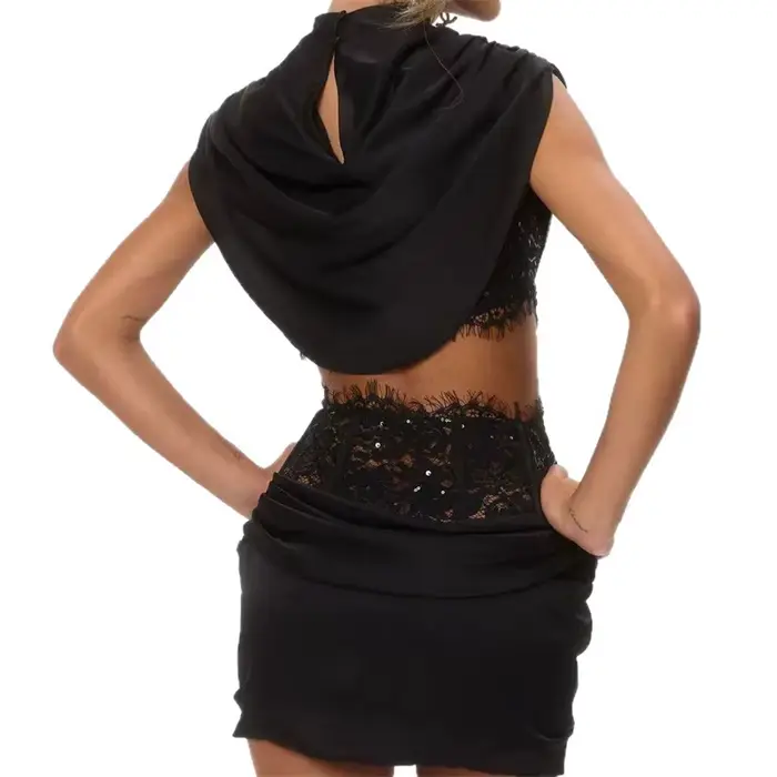 Robe de bal en satin kaki avec dentelle, 2 pièces, haut et mini-jupe, pour soirée, décontractée, formelle, invitée de mariage, anniversaire, soirée