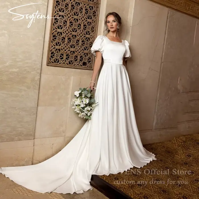 SSYTENS Robes de mariée civiles élégantes à manches courtes pour femmes