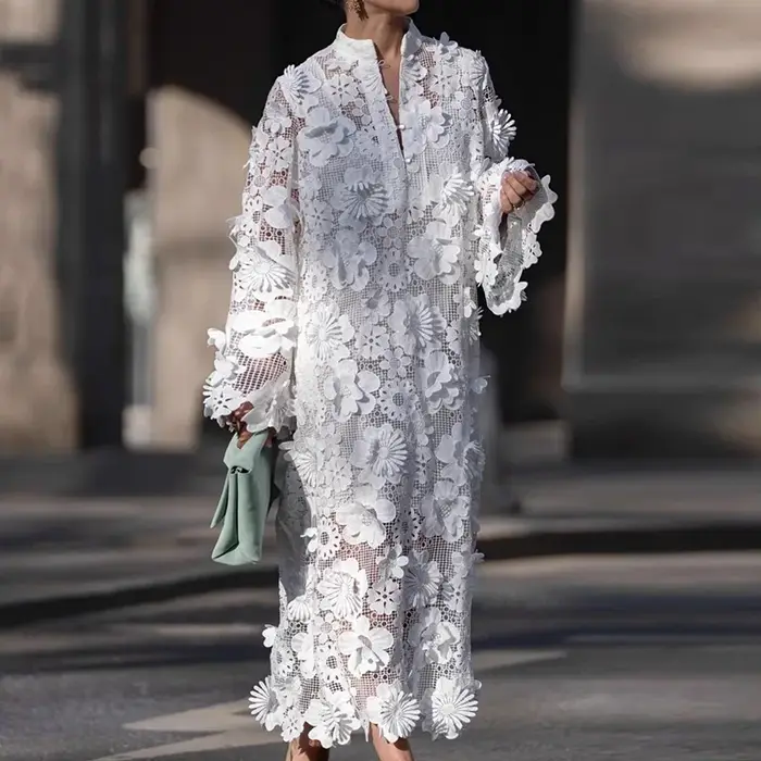 Robe élégante en polyester avec broderie et col en V pour femmes, idéale pour les soirées, les vacances et les occasions spéciales