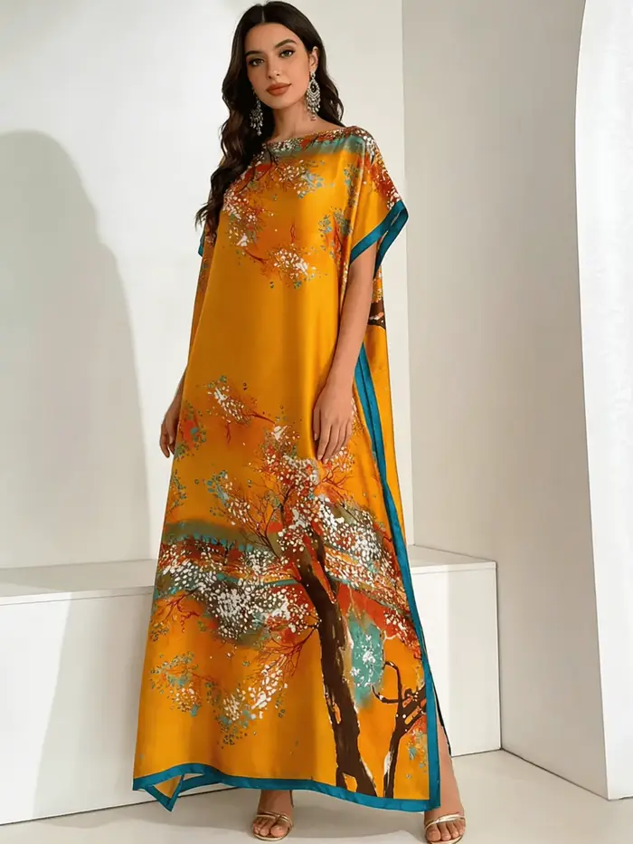 1 ensemble (robe + foulard) Kaftan luxueux pour femme - Imprimé floral jaune vibrant